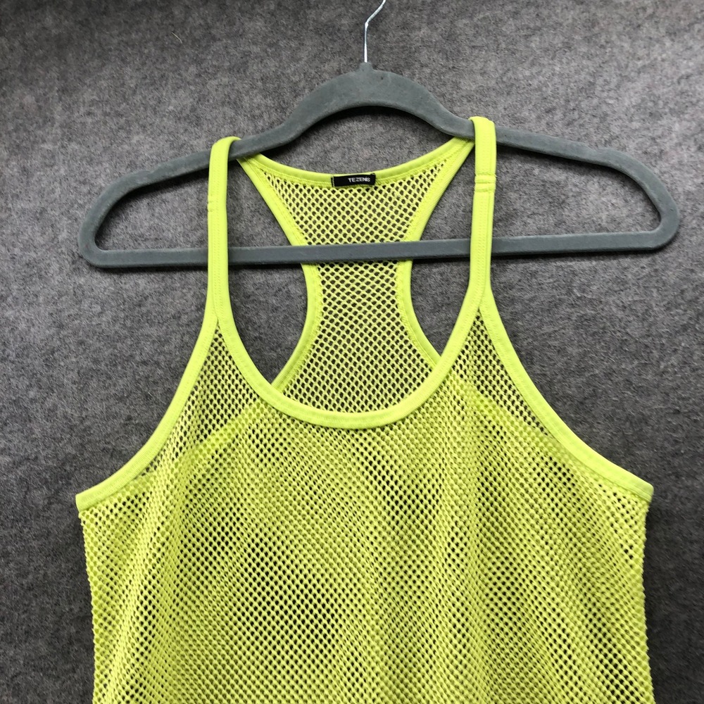 Tezenis Neon Yellow Fishnet Mesh Racerback Tank Top Womens L Rave Festival Y2K - Picture 6 of 8